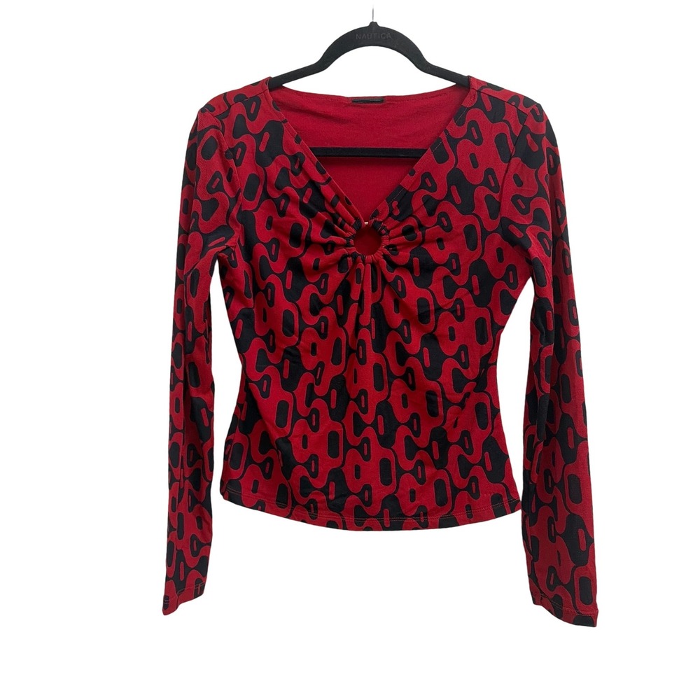 Long Sleeve Top O-Ring Y2K Unbranded Womens Medium Red Black Geometric V-Neck‎